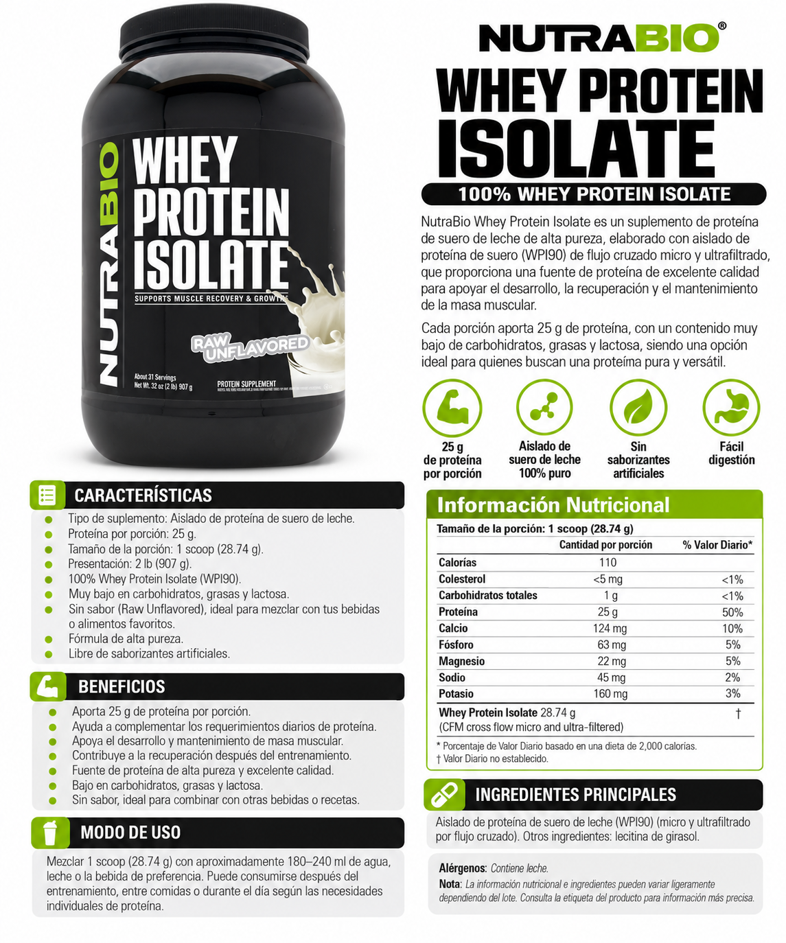 Whey Protein Isolate Unflavored | 2 lb | NutraBio
